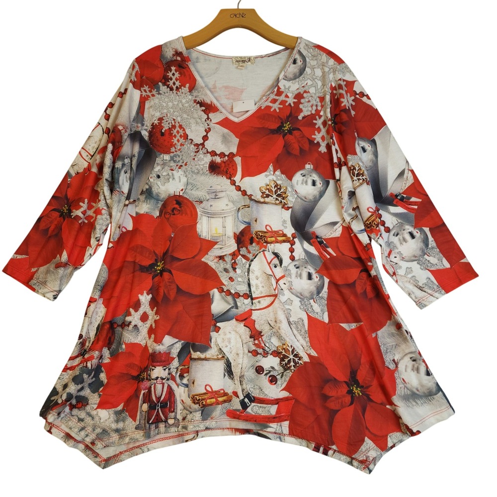 One World Womens 2X Christmas Poinsettia Nutcracker Print V Neck Tunic Top
